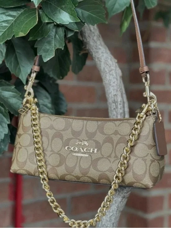 Coach Brown Signature Canvas Shoulder Bag with Gold Chain - Picture 2 of 14